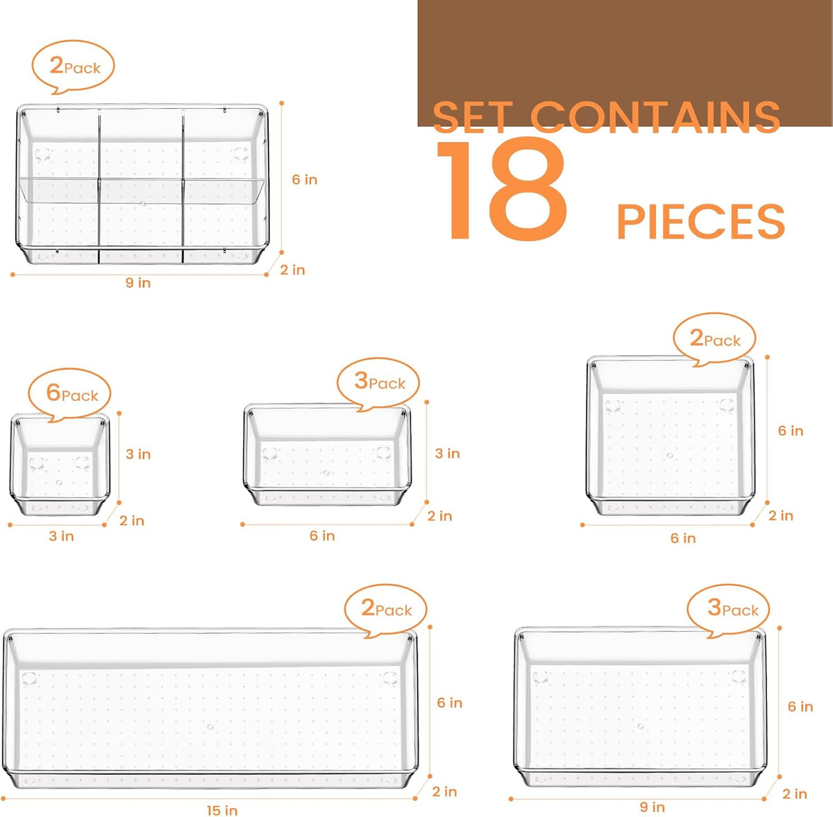 Criusia Drawer Organizer - 18 Pack Clear Large Kitchen Drawer Organization Trays, Non-Slip Dividers
