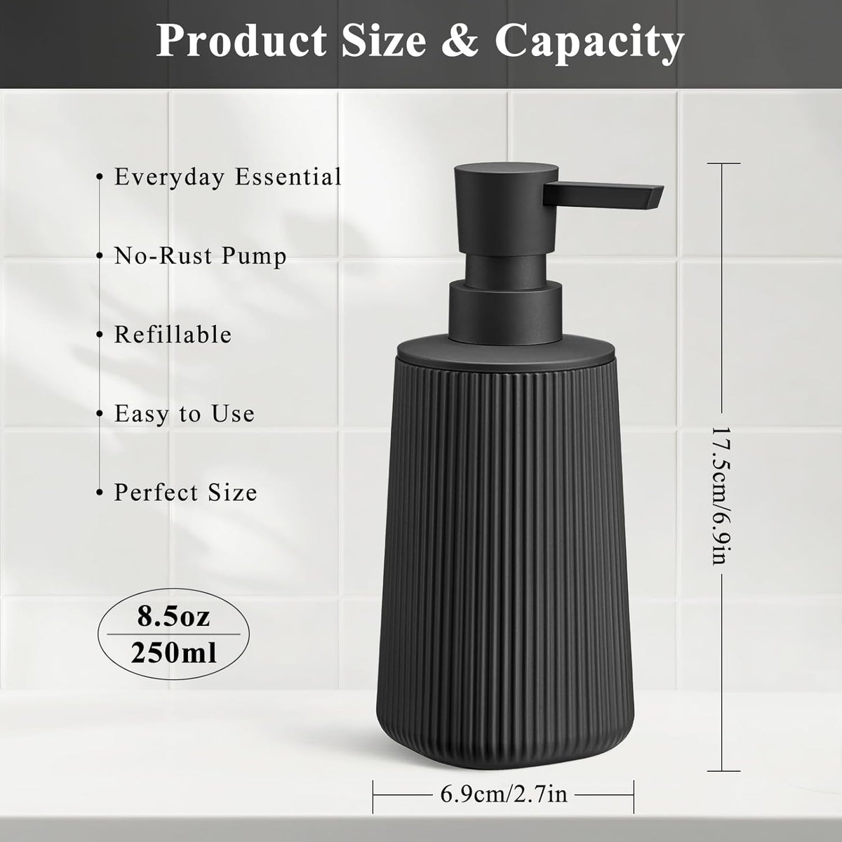 Black 2 Pack Hand Soap Dispensers with No Rust Pump for Bathroom and Kitchen Countertops Refillable