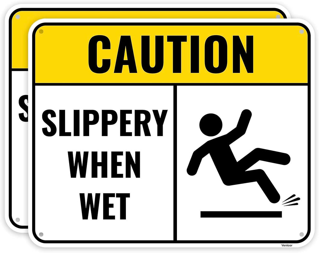 2PC Slippery When Wet Sign, 10 x 8 Inches - Aluminum - Caution Wet Floor Sign 2 Pack