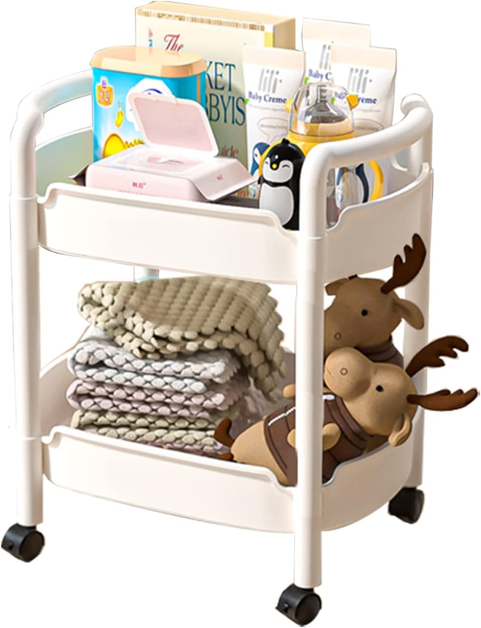 2-Tier Plastic Rolling Utility Cart with Handle Tower Rack Snack Cart with Wheels Multi-Functional