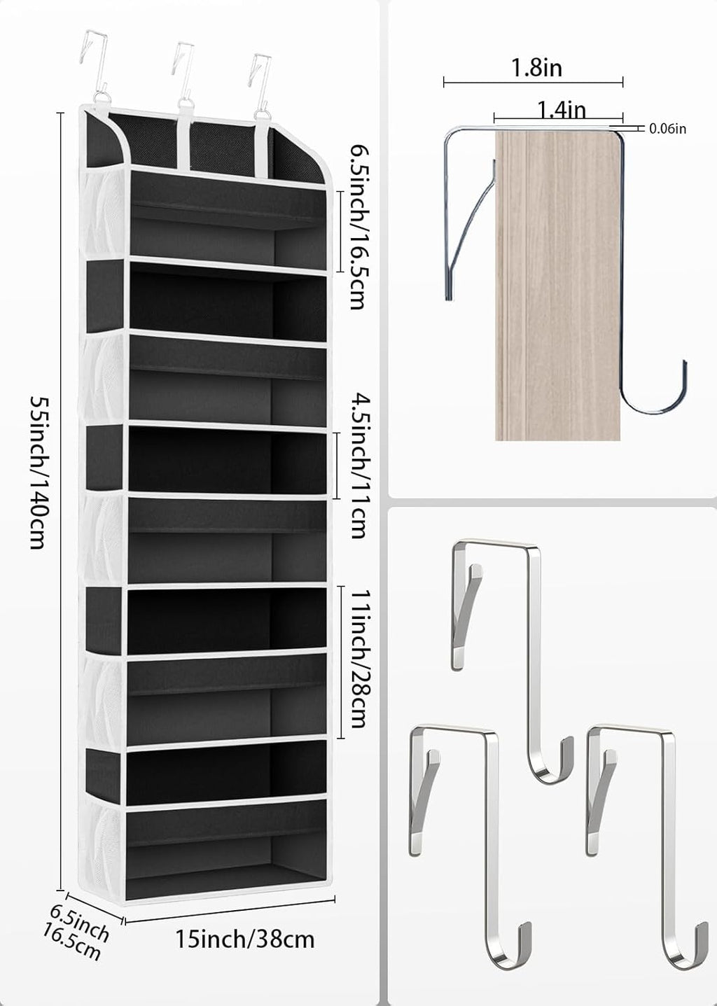 1 Pack Over The Door Storage Organizer with 5 Pockets 10 Mesh Side Pockets, 44 lbs Weight Capacity