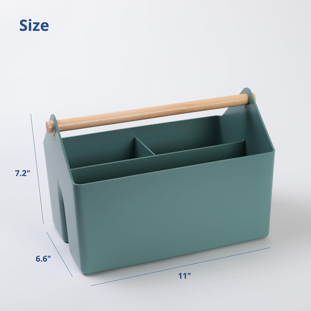 BLUE GINKGO Medium Storage Basket – Plastic Caddy with Wooden Handle for Office, Arts & Crafts, or