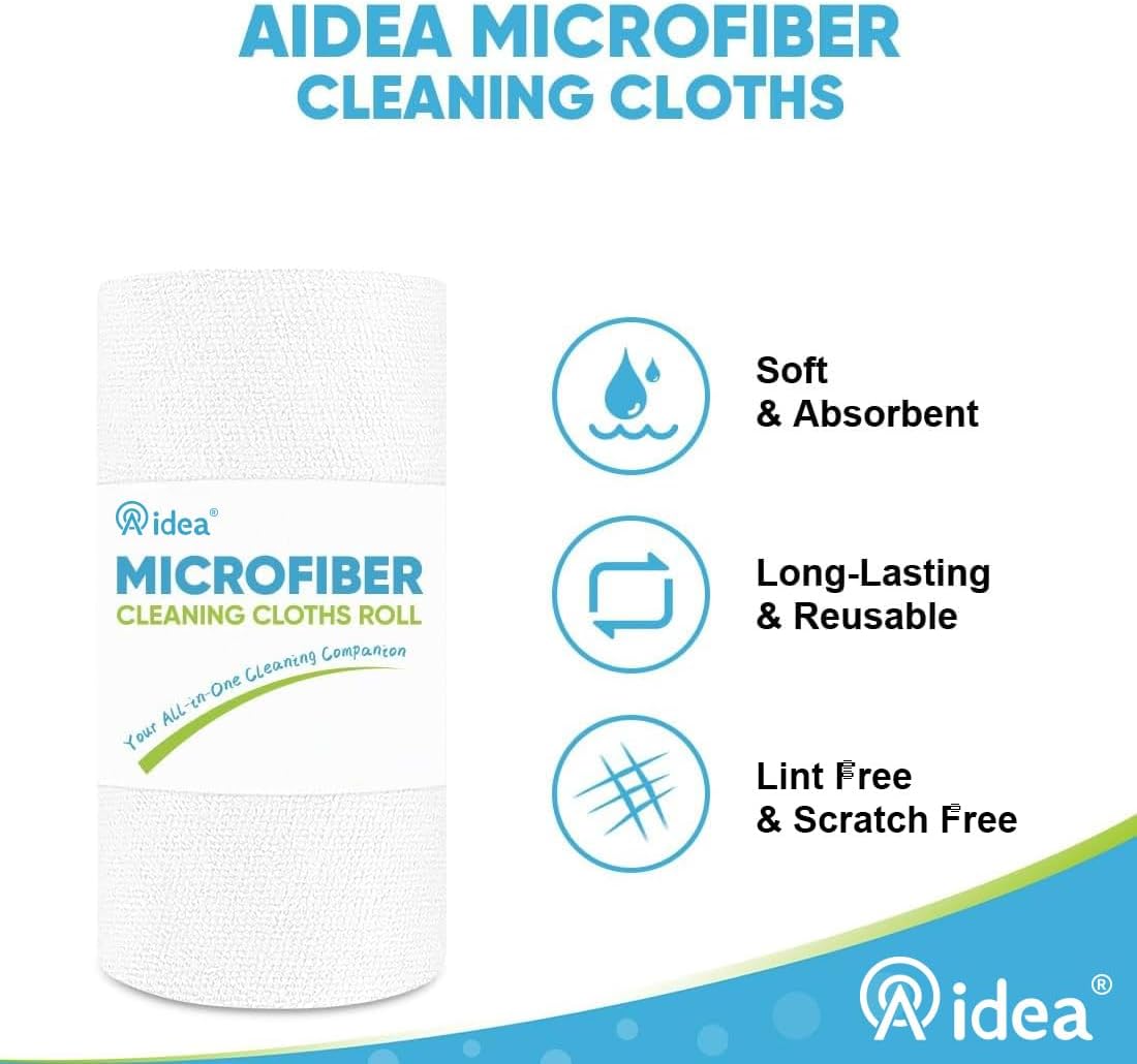 AIDEA Microfiber Cleaning Cloth Roll, Shop Towels 165 Sheets(3 Roll), Tear Away Reusable Paper