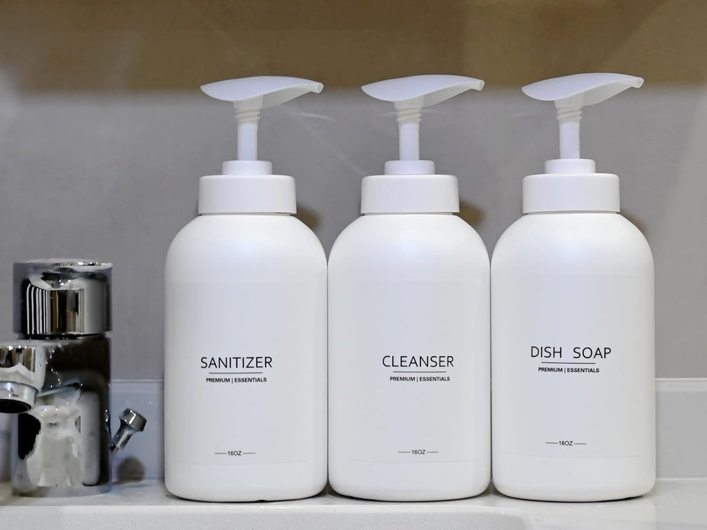 Frosted Pearl White Shampoo and Conditioner Bottles, Refillable Apothecary Dispenser Pump for