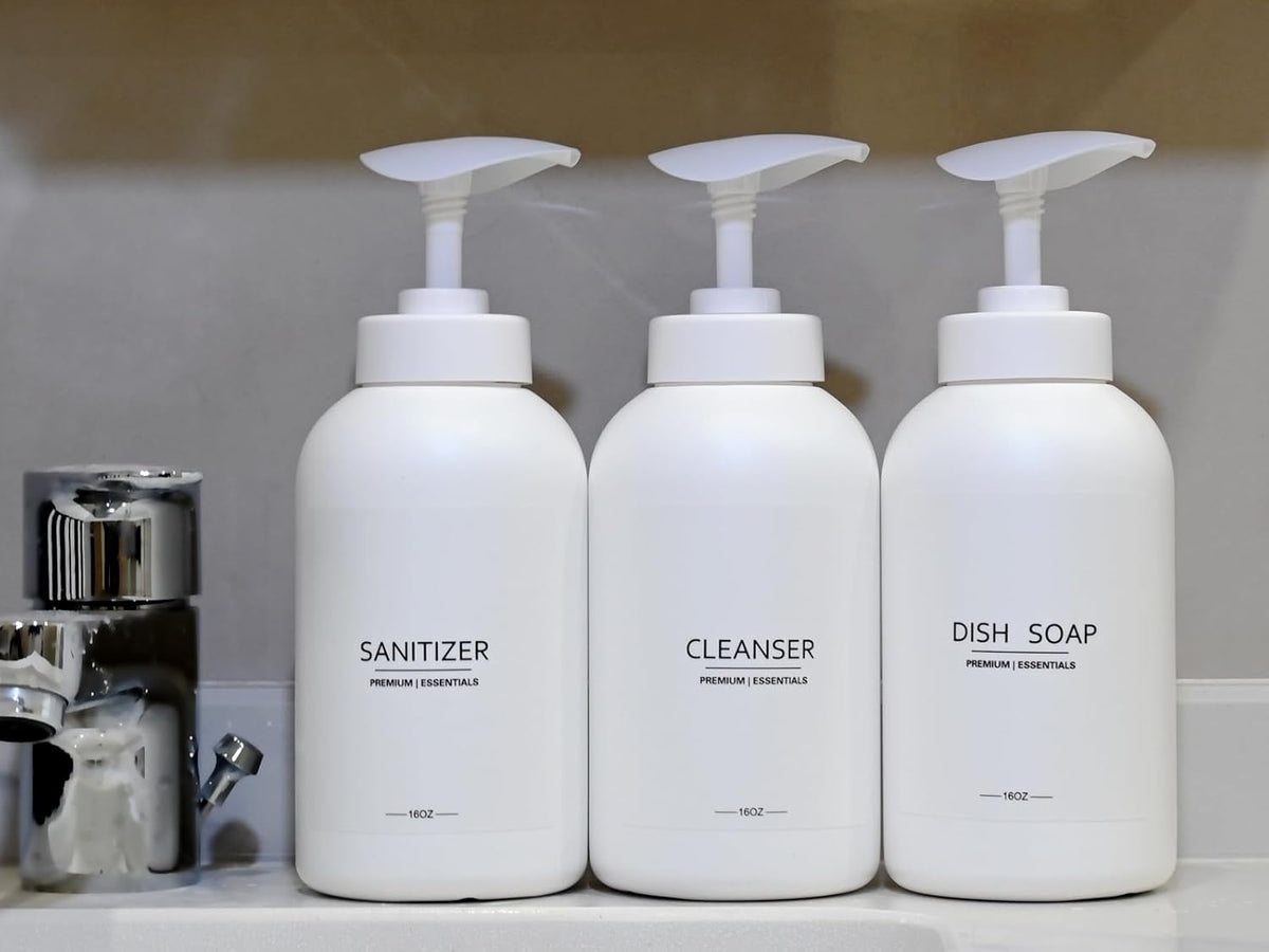 Frosted Pearl White Shampoo and Conditioner Bottles, Refillable Apothecary Dispenser Pump for