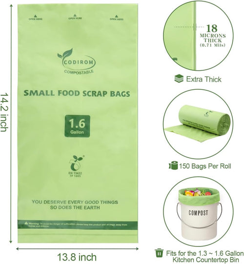 100% Compostable 1.6 Gallon Trash Bags, 6 Liter, 150 Count Kitchen Food Scrap Small Compost Bags