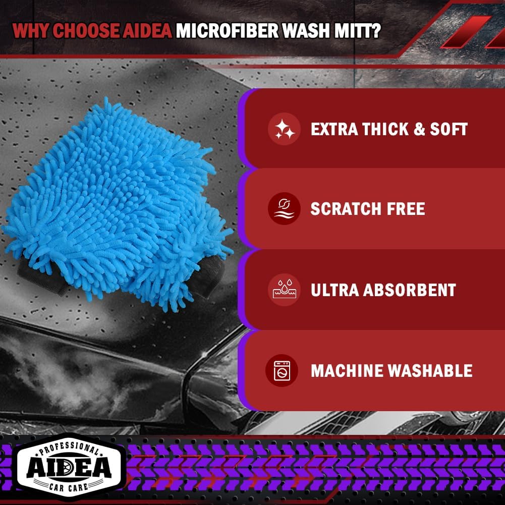 AIDEA Car Wash Mitt Microfiber-2PK, Scratch-Free& Lint-Free, Premium Chenille Microfiber Wash
