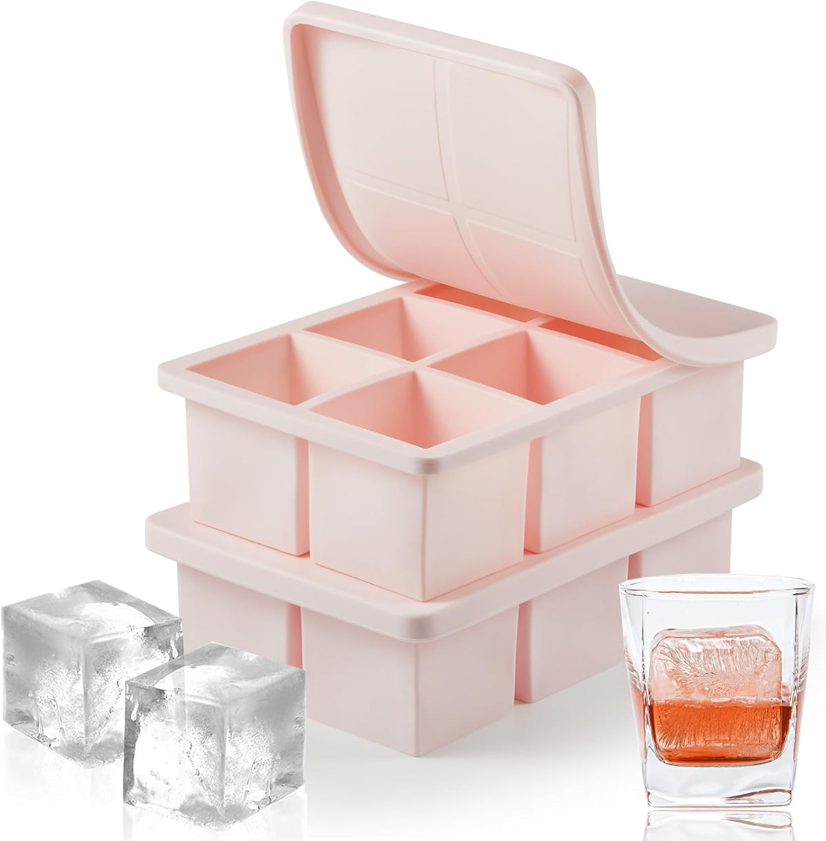 Nax Caki Pink Large Ice Cube Tray with Lid Pack of 2, Stackable Big Silicone Square Ice Cube Mold