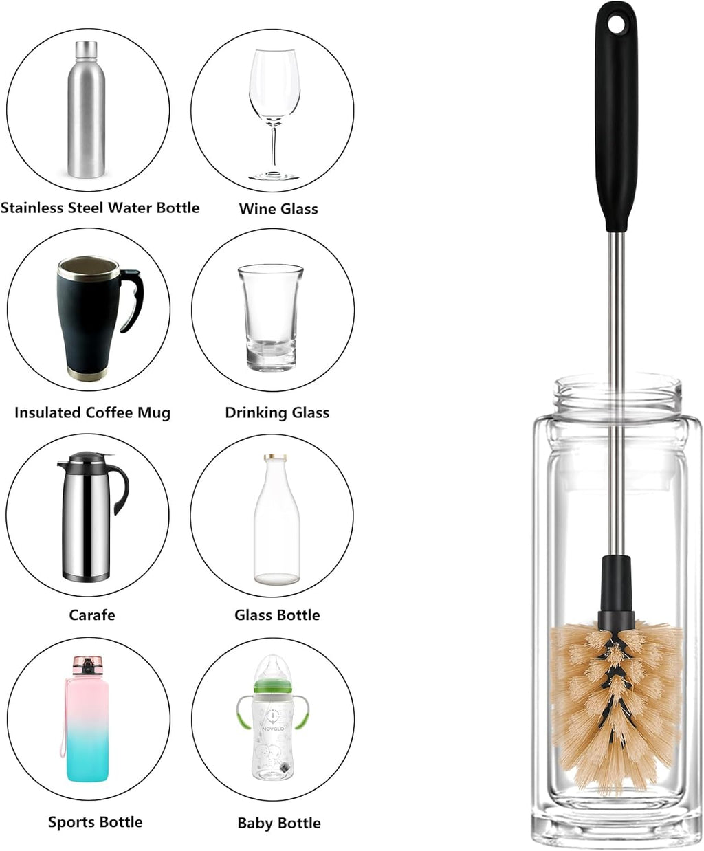3 in 1 Stainless Steel Long Handled Water Bottle Brush Set, Kitchen Scrubber Cleaning Brush for