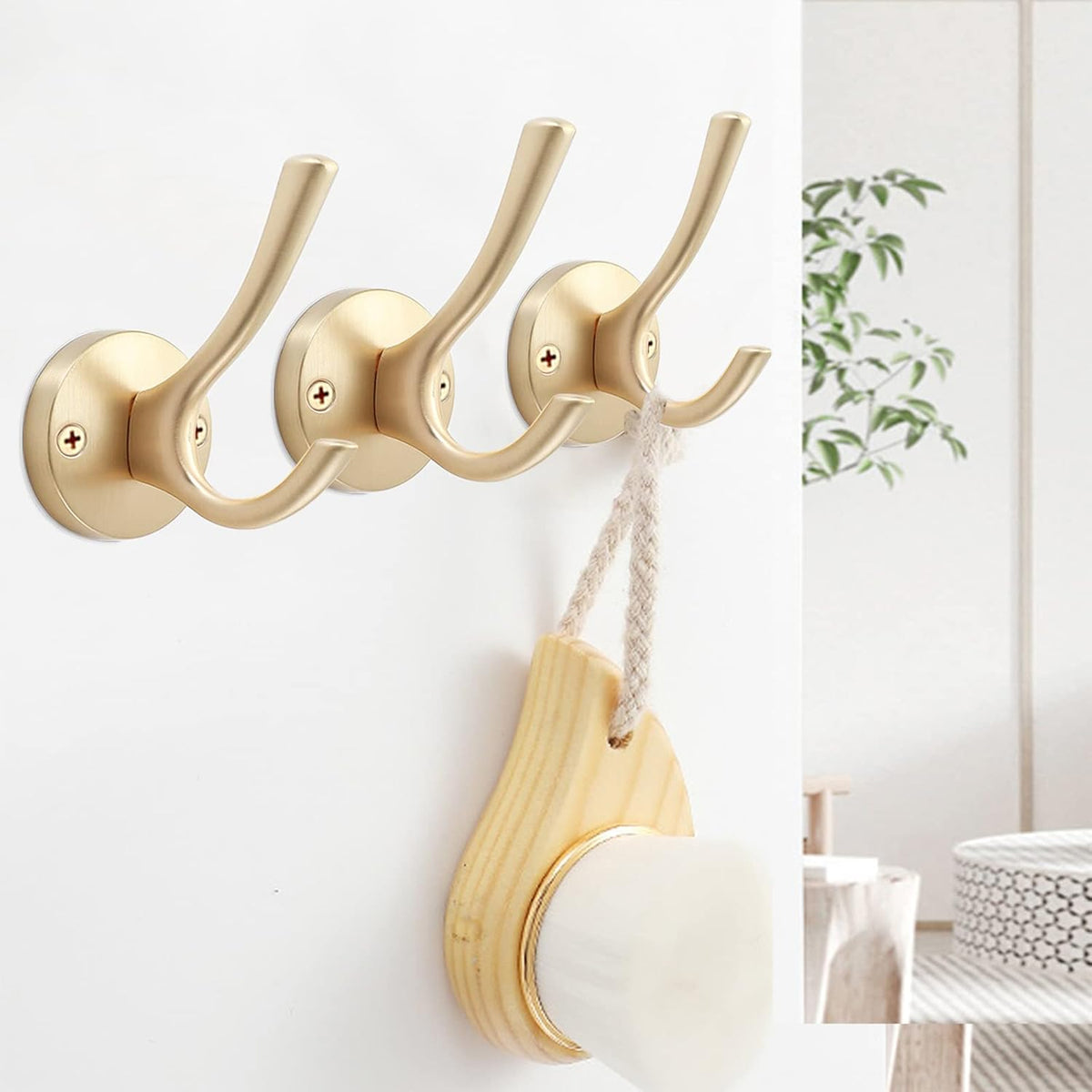 Gold Wall Hooks, 5 Pack Coat Robe Hook Heavy Duty Metal Double Bath Hook Wall Mounted, Hand Towel