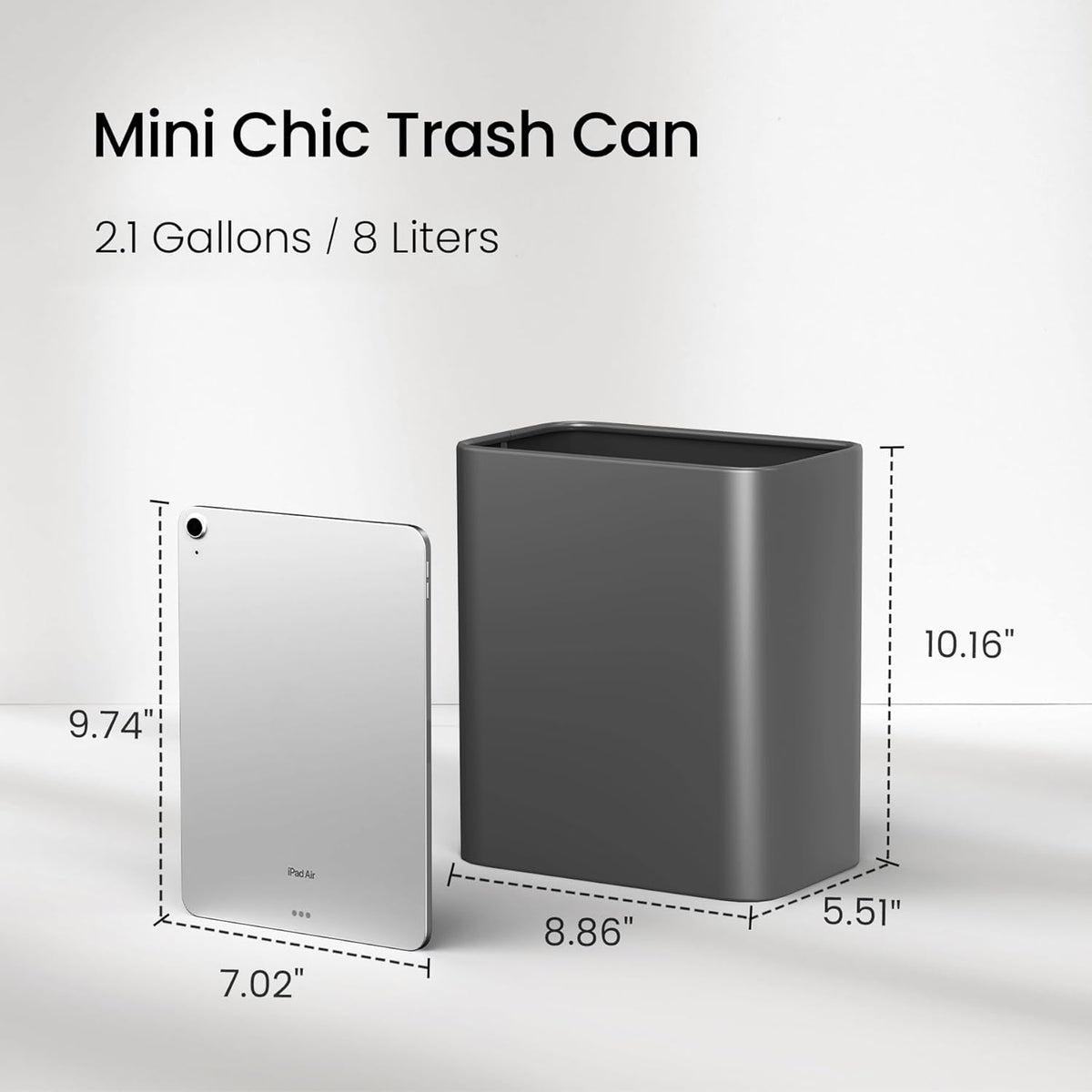 Cesun Small Bathroom Trash Can, 2.1 Gallons, Open-Top, Gray Metal, Stainless Steel, Modern, Ideal