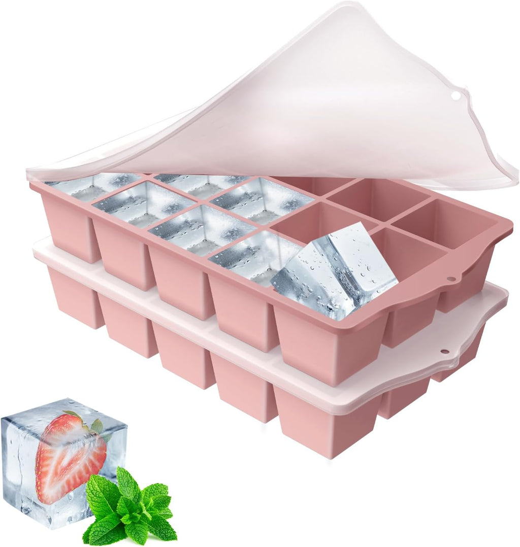 Silicone Ice Cube Tray, 2 Pack Easy-Release Stackable Ice Trays for Freezer with Lid 15 Reusable