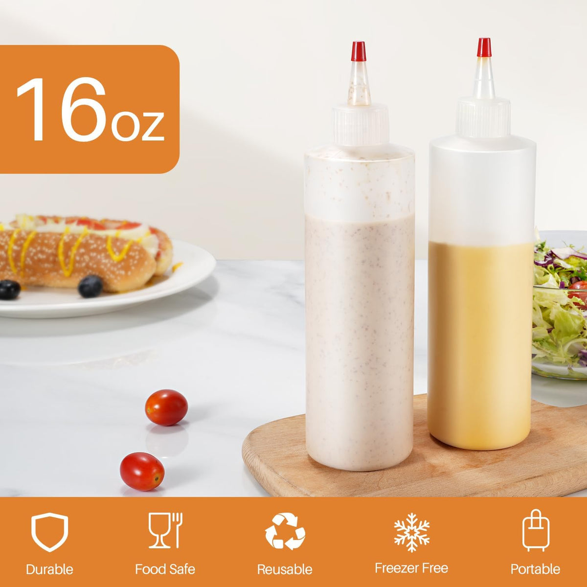 Sopito Squeeze Bottles, 16oz Plastic Condiment Squeeze Bottles with Labels & Funnels & Brusher for