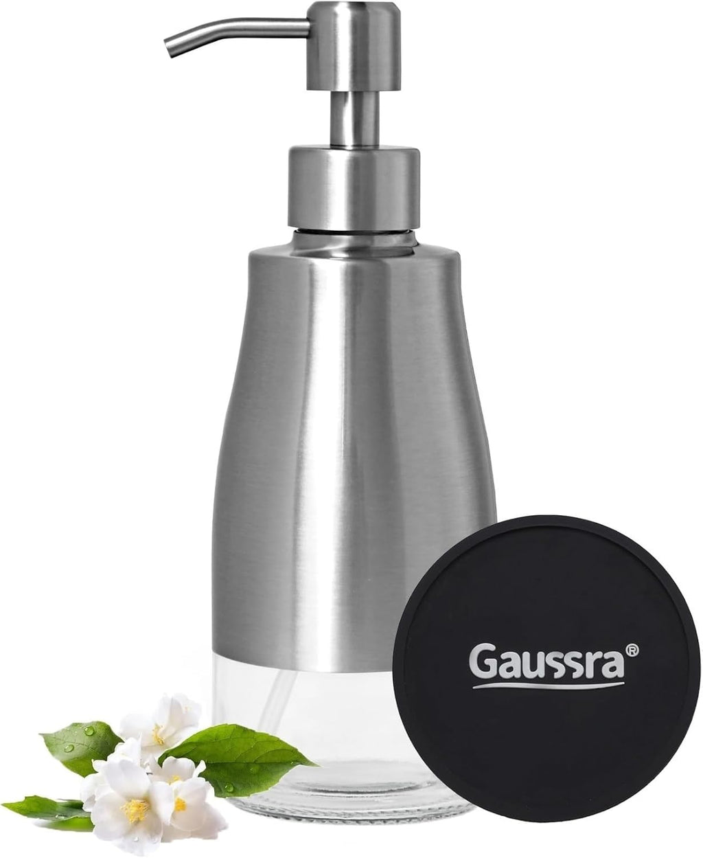 Gaussra Soap Dispenser with Coaster and Stickers, Brushed Nickel Stainless Steel Case Glass Liner