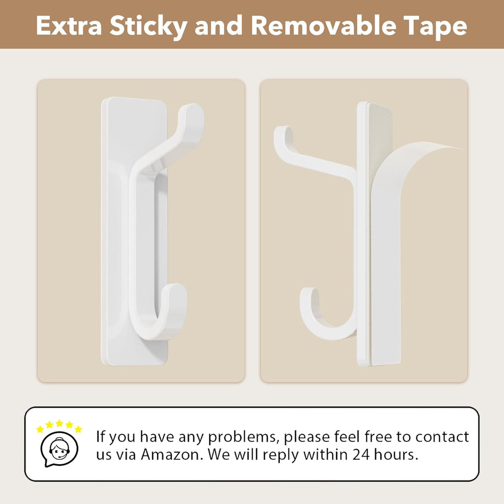 Wall Hooks for Coat and Towel: 13LB Adhesive Door Hanger Stick on, White 6 Pack
