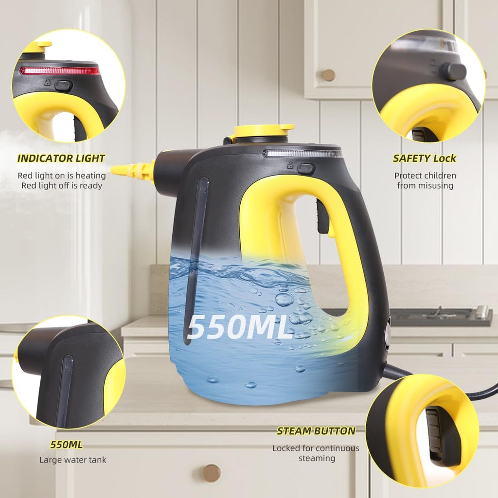 Handheld Steam Cleaner 1350W High Power with 9 Piece with Safety Lock Multi-Purpose Steamer for