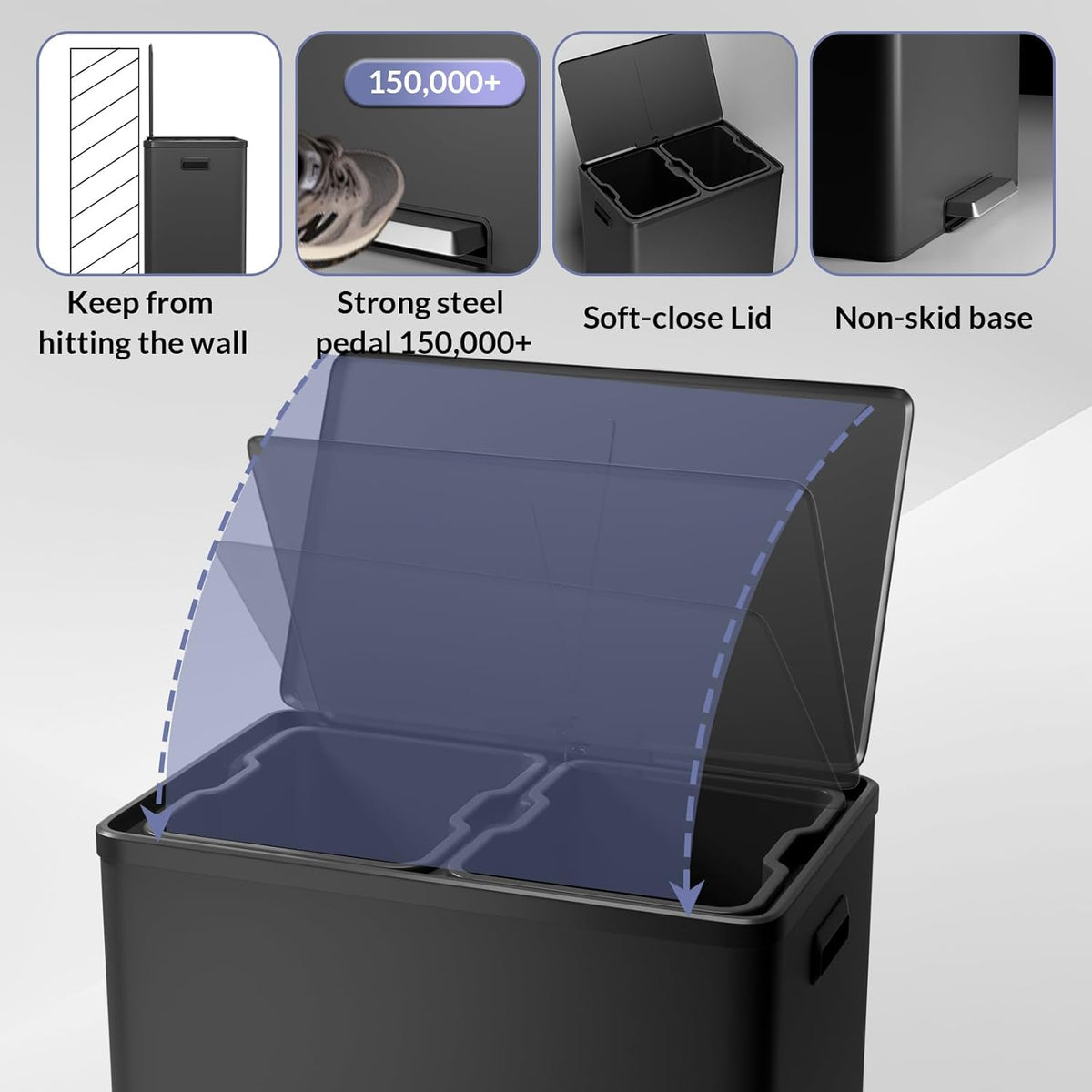 GarveeHome Step Dual Trash Can, 60L/16 Gallon Recycle Bins with Lid, 2 Removable Wastebusket, Step