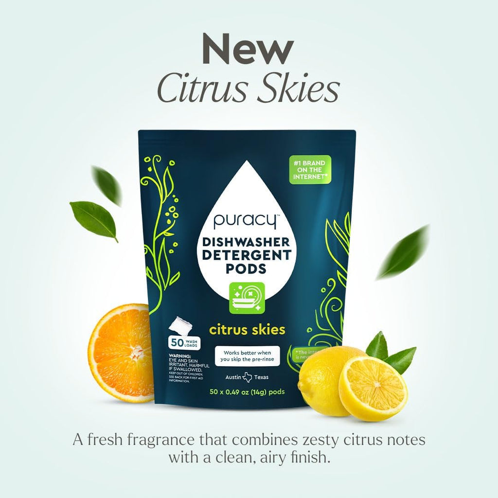 Puracy Dishwasher Pods, Natural Dishwasher Detergent, Citrus Skies Dish tabs - Enzyme-Powered, Spot