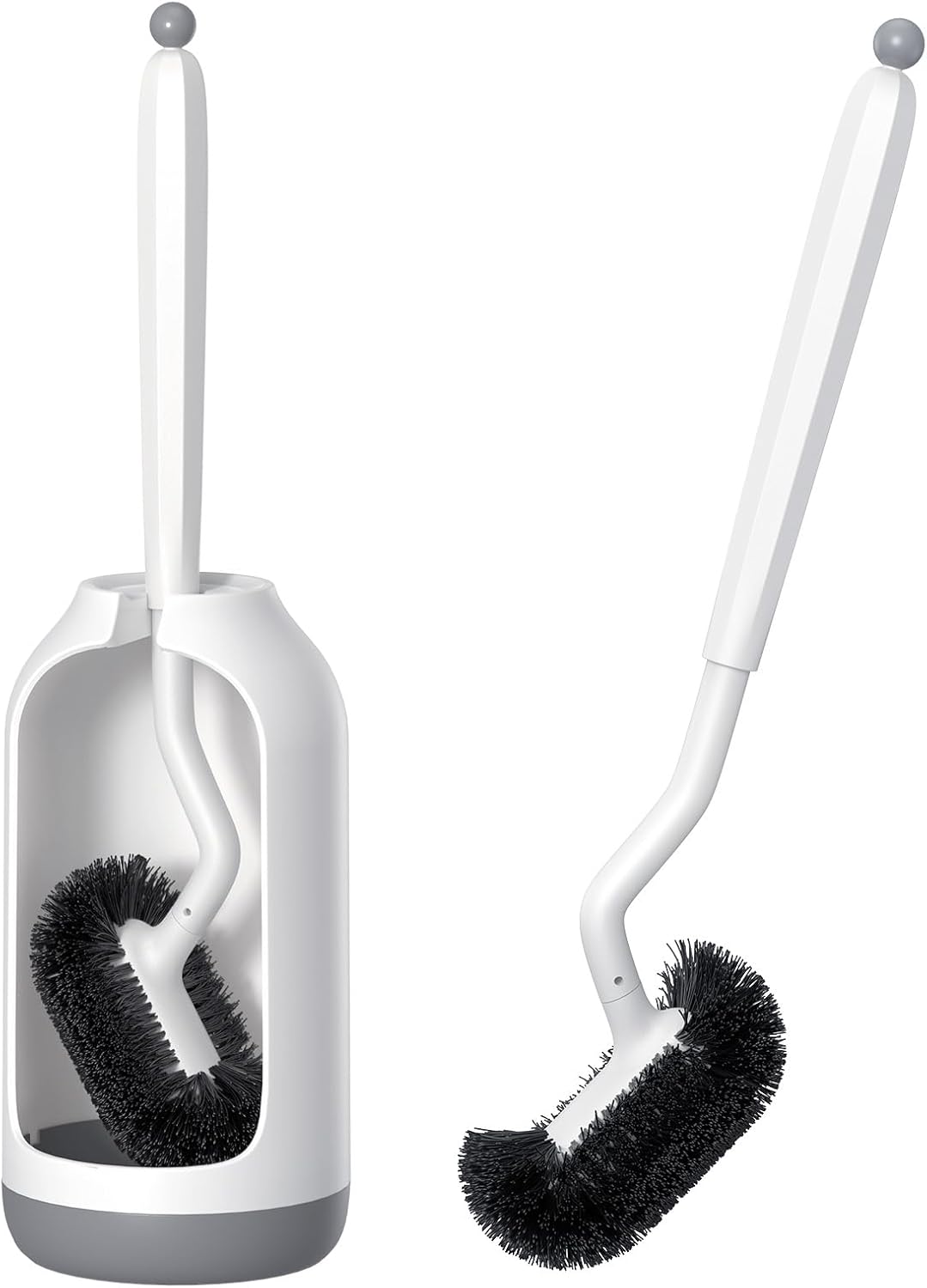 HAMITOR Toilet Bowl Brush Holder Set: Deep Cleaning Brushes with Curved Design - Ergonomic Long