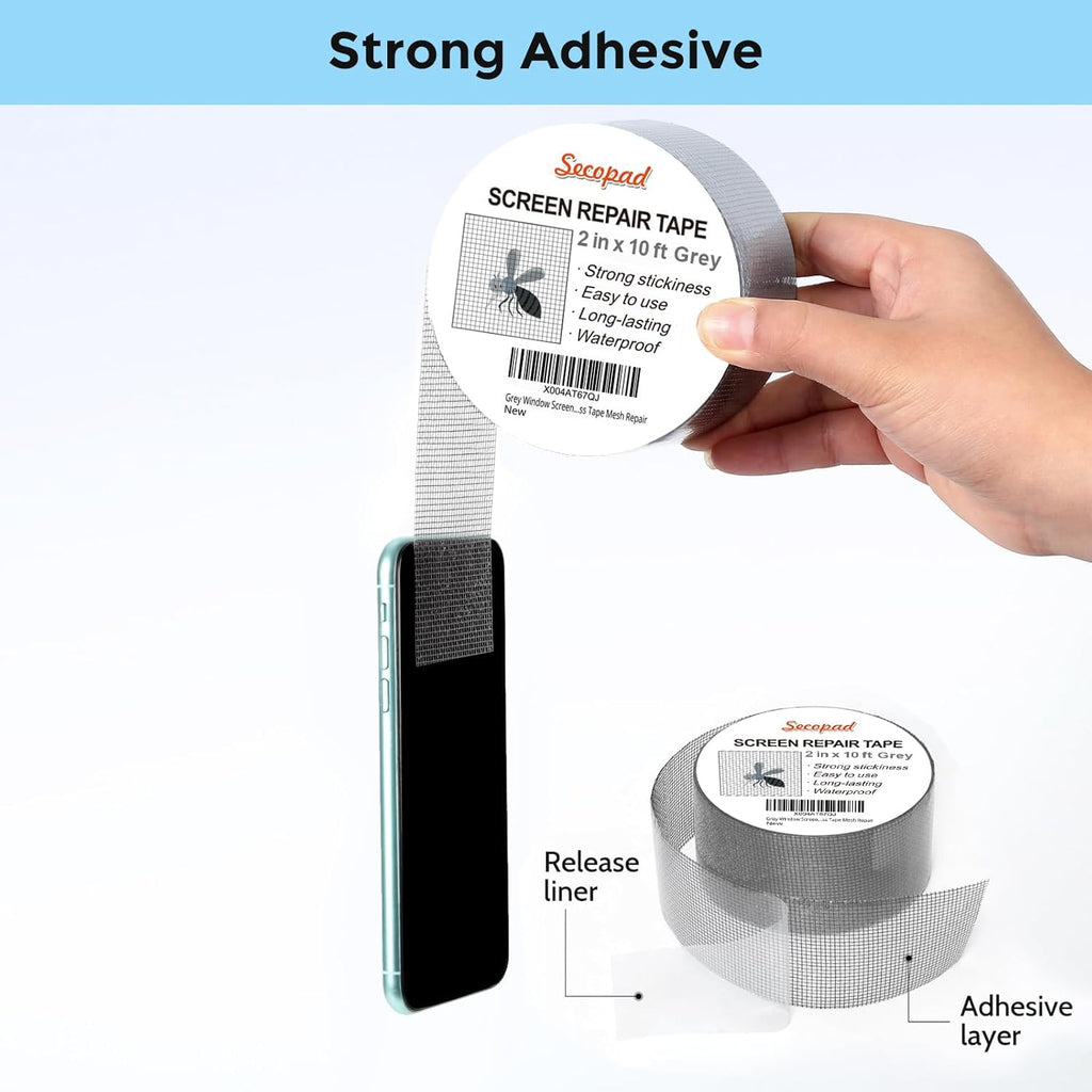 Grey Window Screen Repair Tape, 2IN X 10FT Screen Repair Kit for Windows or Doors, Strong Adhesive