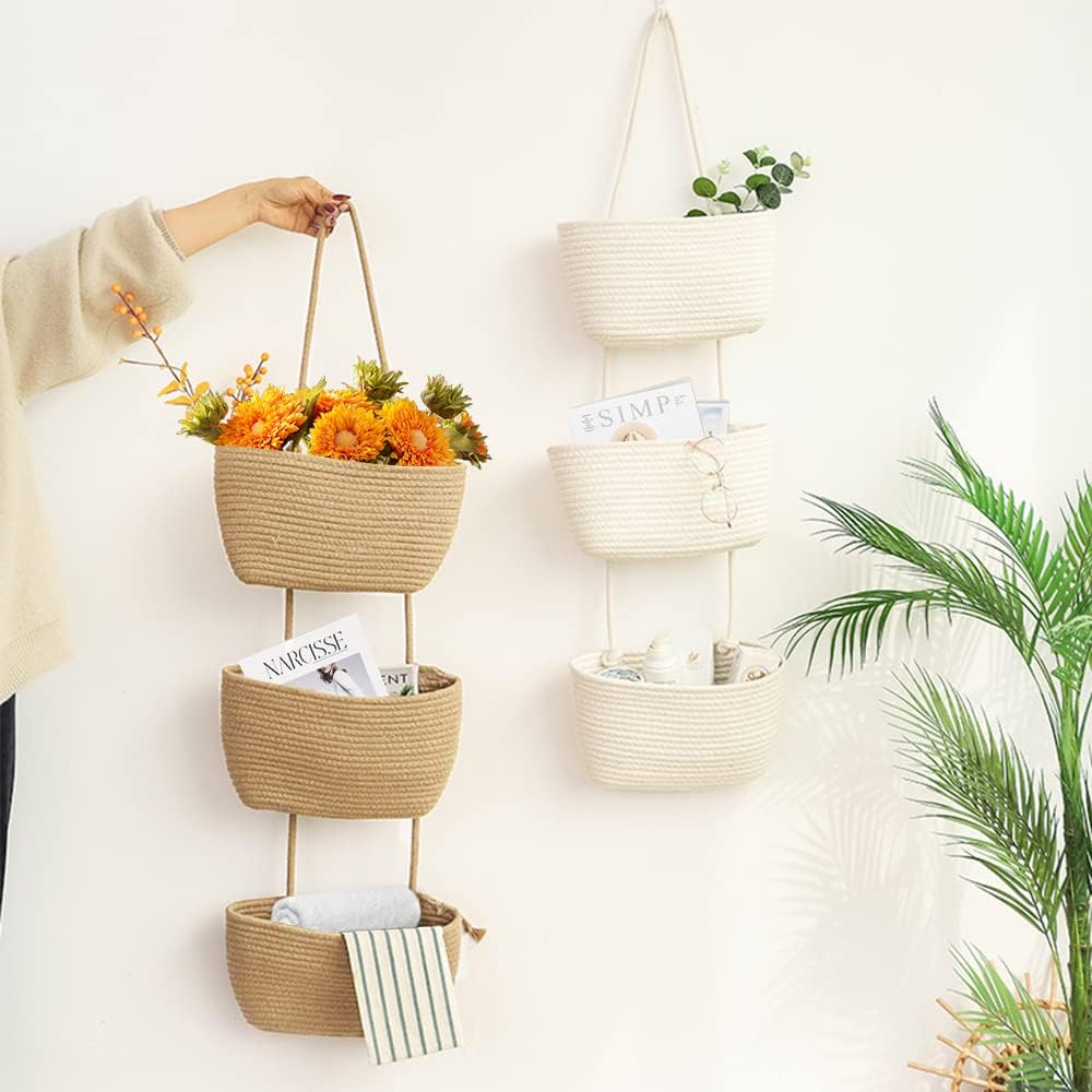 TeoKJ Over the Door Hanging Baskets, 3-Tier Woven Cotton Storage Organizer Bag with Hooks