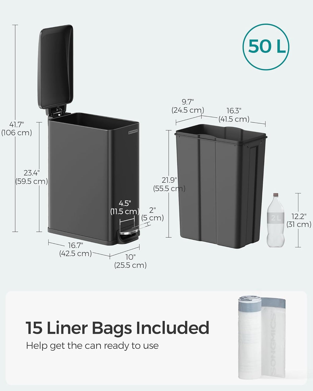 SONGMICS Slim Trash Can, 13-Gallon (50 L) Garbage Can for Narrow Spaces with Soft-Close Lid, Inner