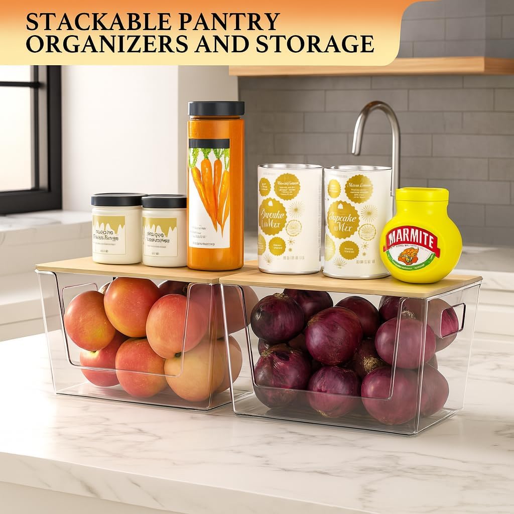 2 Set Pantry Organizers and Storage - Kitchen Organizer with Bamboo Lid for Fruit, Onion, Potato