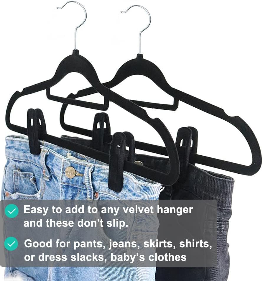 Black Velvet Hangers Clips 40 PCS, Pants Hangers Velvet Clips Easily Add to Velvet Hanger, Skirt