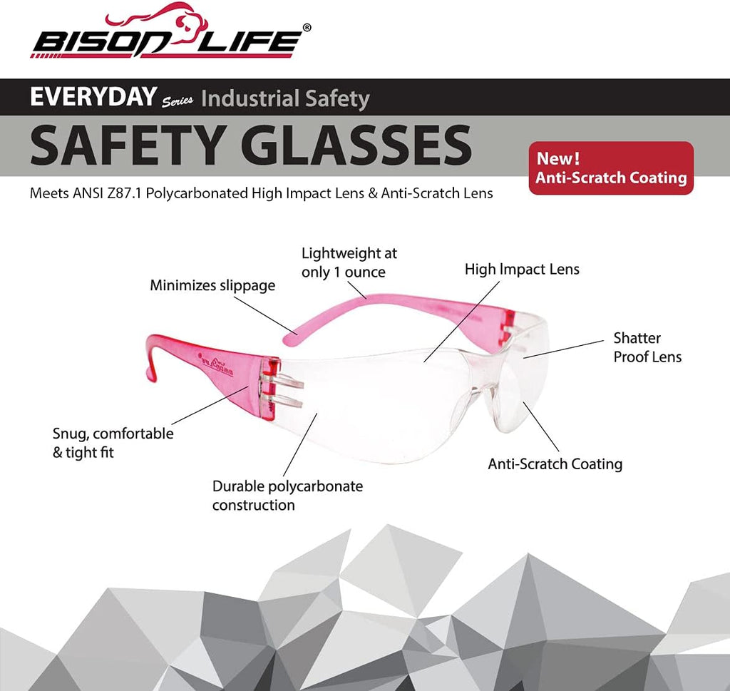 BISON LIFE Safety Glasses - Scratch Resistant Wrap Around Eyewear, Polycarbonate ANSI Z87.1 Impact