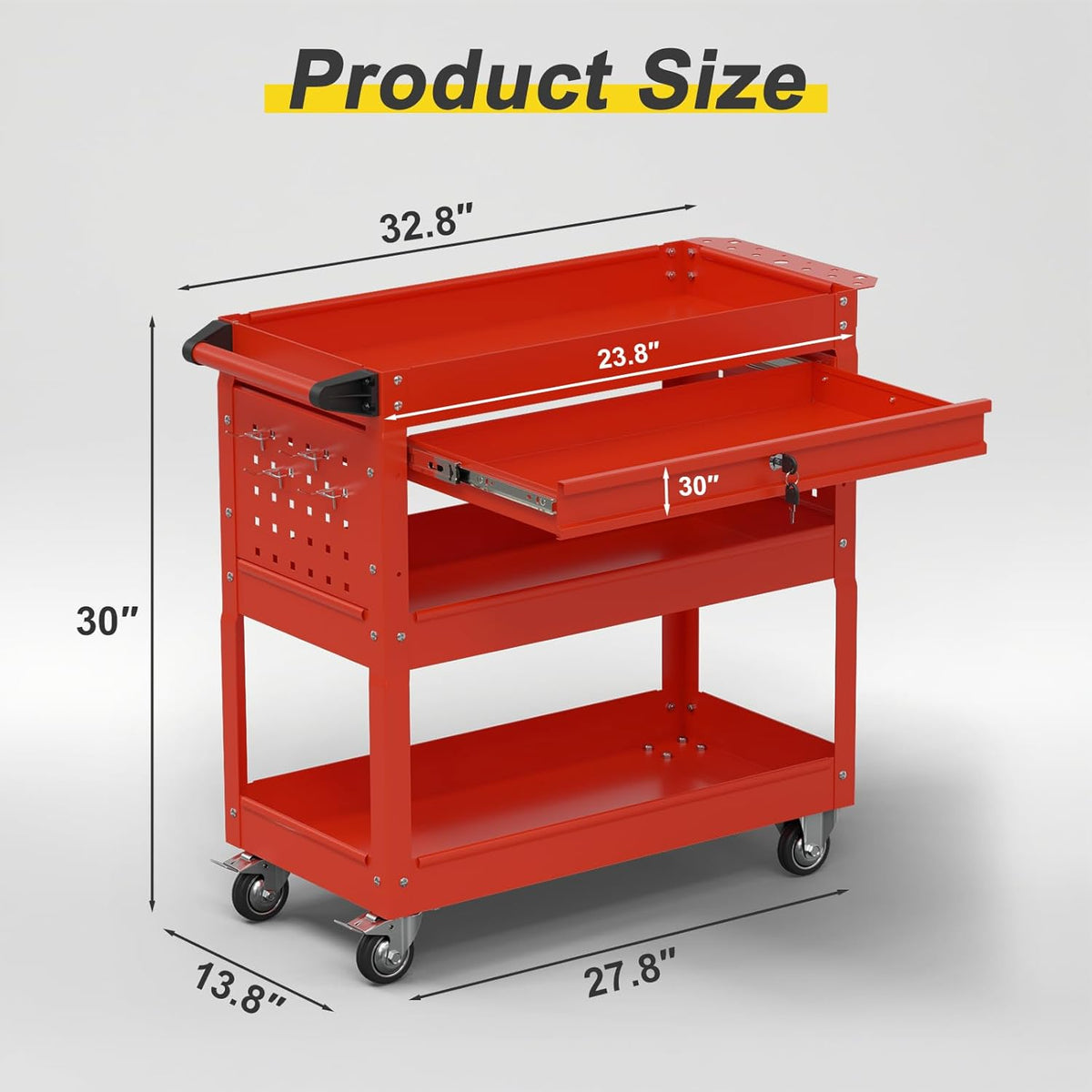 3-Tier Rolling Tool Cart with Drawers, Heavy Duty Utility Storage Cart with pegboard, Lockable