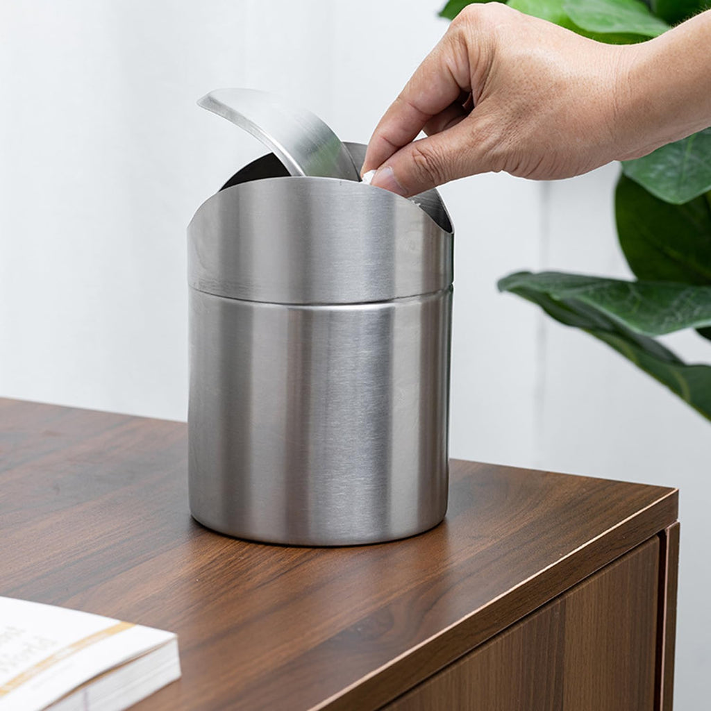 Mini Trash Can, Tiny Desktop Trash Bin with Swing Lid, Stainless Steel Bathroom Countertop Garbage