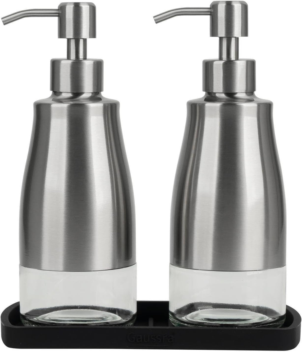 Gaussra Kitchen Soap Dispenser Set with Silicone Tray and Stickers - Brushed Nickel, Stainless
