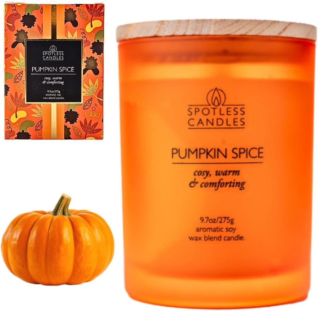 Pumpkin Spice Candle - 9.7 oz /275g Pumpkin Candle in Orange Frosted Glass Jar with Wooden Lid and