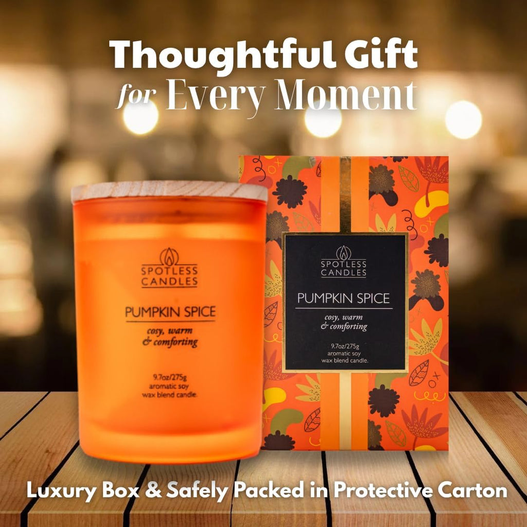 Pumpkin Spice Candle - 9.7 oz /275g Pumpkin Candle in Orange Frosted Glass Jar with Wooden Lid and