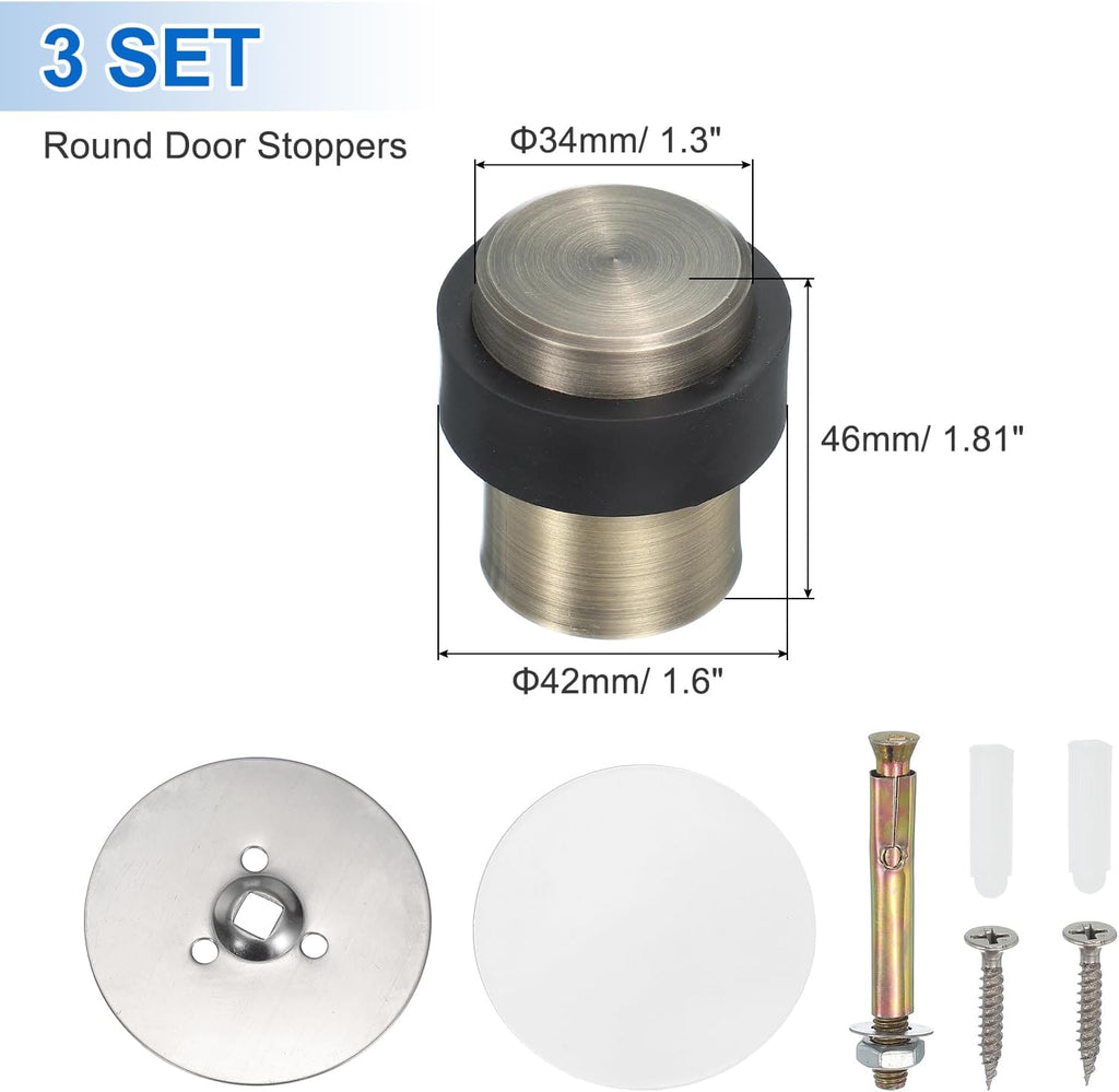 PATIKIL 3Set Round Door Stoppers, 46mm Stainless Steel Door Stop Doorstop Wedge Metal Cylinder Self