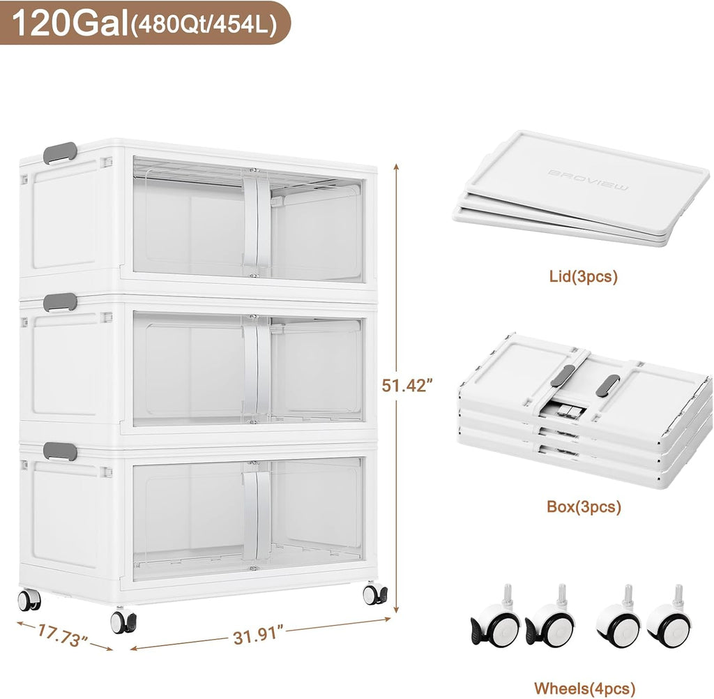 BROVIEW 480QT Stackable Storage Bins with Lids, 120Gal Extra Large Collapsible Storage Box with