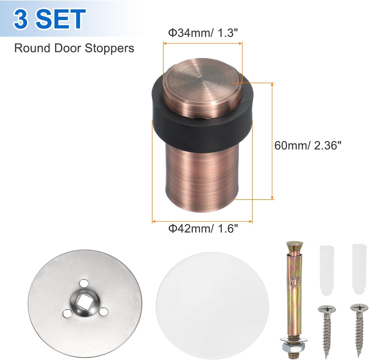 PATIKIL 3Set Round Door Stoppers, 60mm Stainless Steel Door Stop Doorstop Wedge Metal Cylinder Self