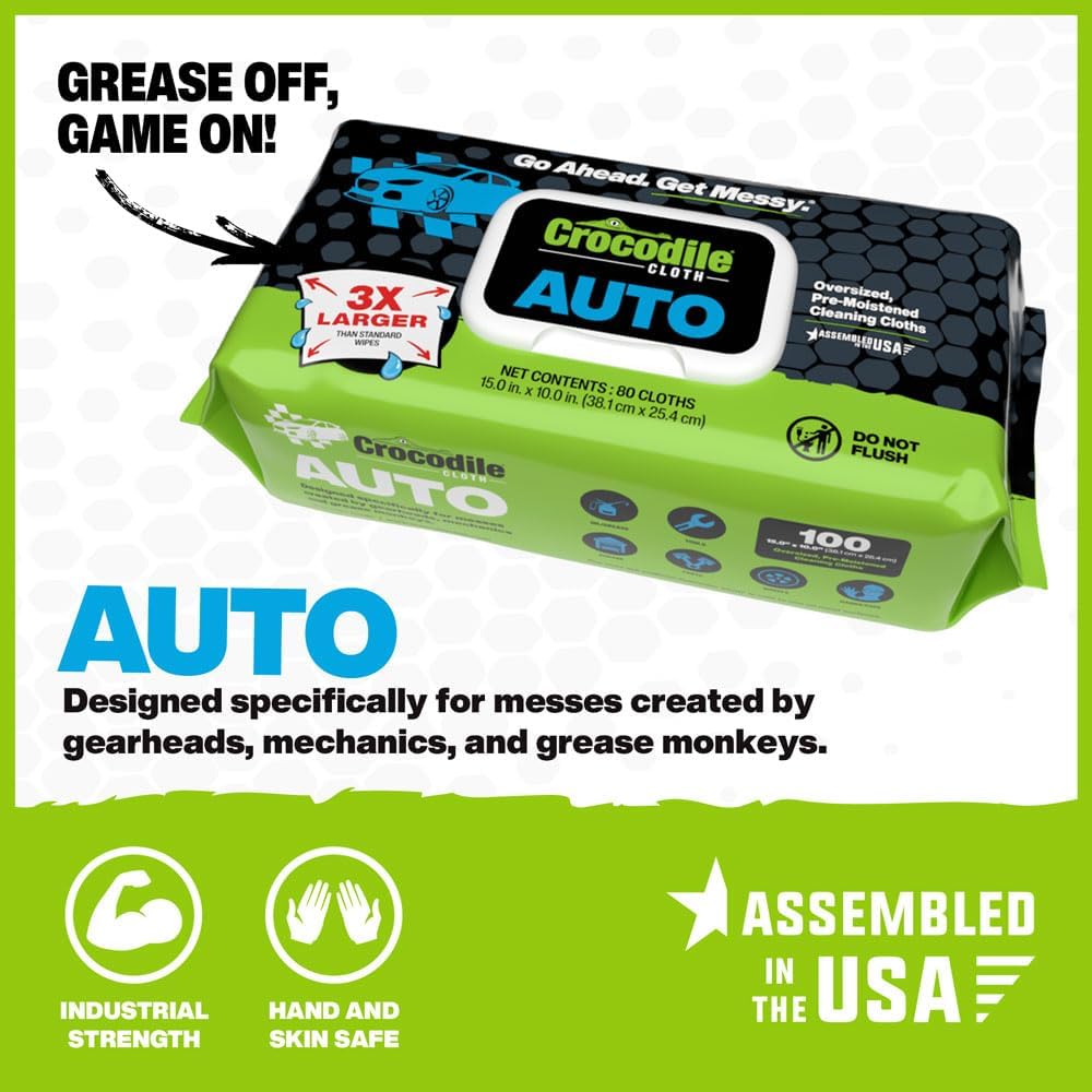 Crocodile Cloth Auto Cleaning Wipes – 100 XL (15" x 10") Disposable Wipes for Car Engine