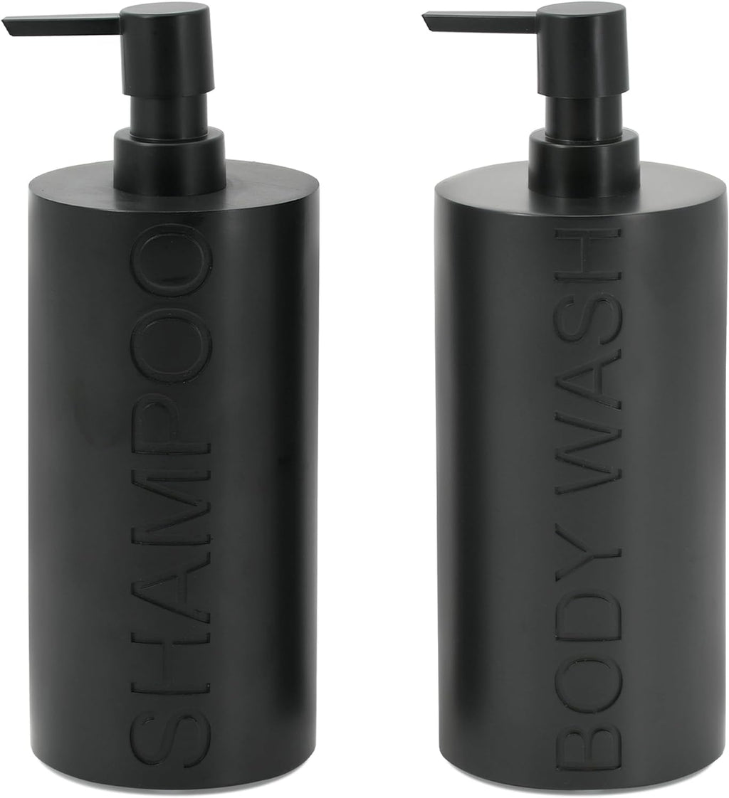 Matte Black Resin 2 Piece Shampoo and Body Wash Dispenser Set, Luxurious Refillable Pump Bottles