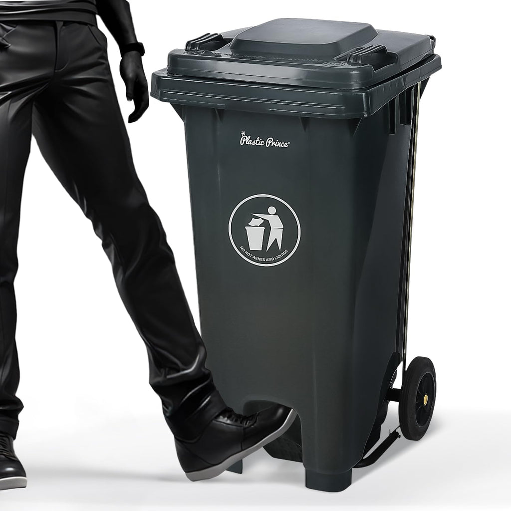 32 Gallon Step-On Large Outdoor Trash Can with Lid and Wheels - Outside Plastic Rolling Garbage Can