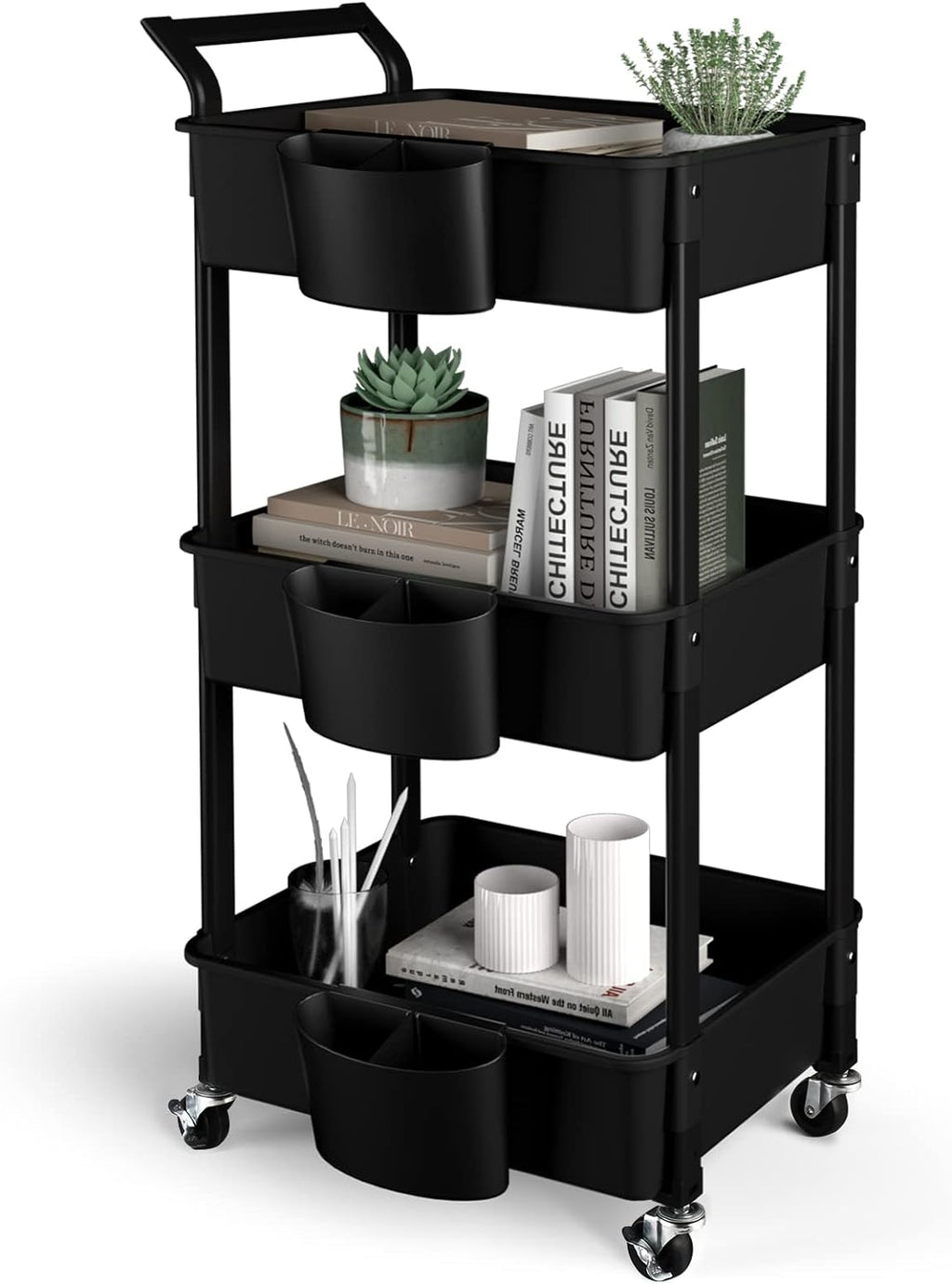 3-Tier Utility Rolling Cart,Mobile Utility Cart with Lockable Caster Wheels,Storage Shelves