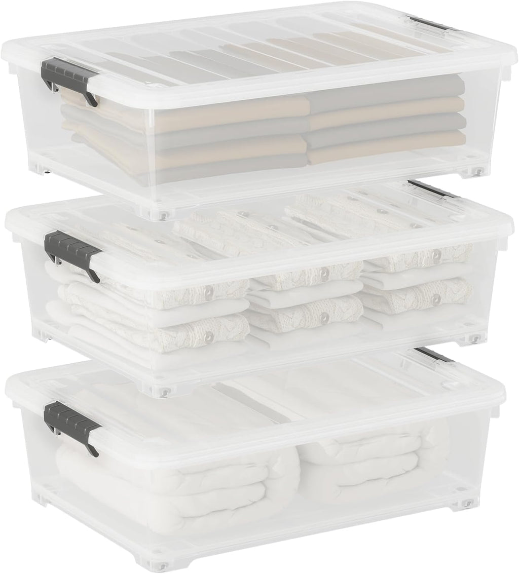 25 Quart Clear Plastic Latch Storage Box with Wheels, Under Bed Storage Box, 3 Pack