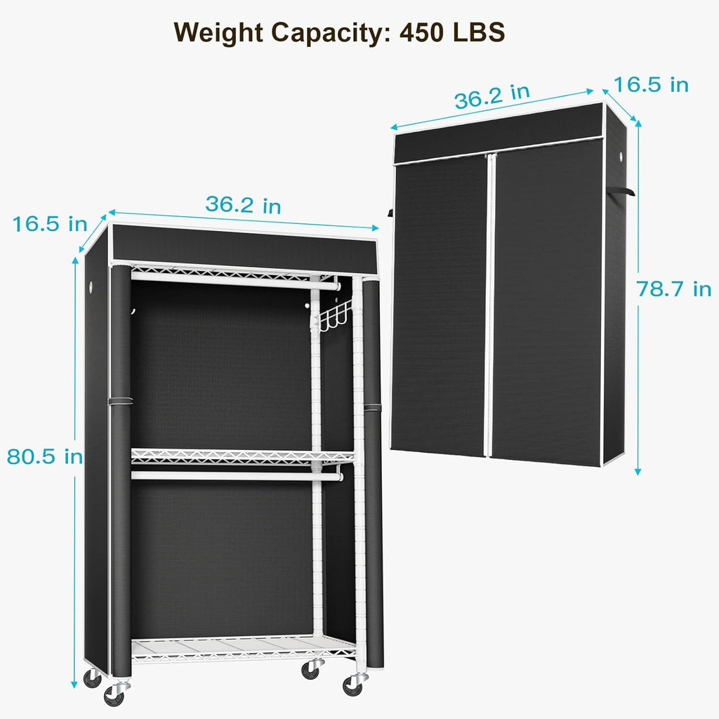FUTASSI White Clothing Rack with Black Cover, P1C Rolling Closets with Wheels, Metal Garment Rack