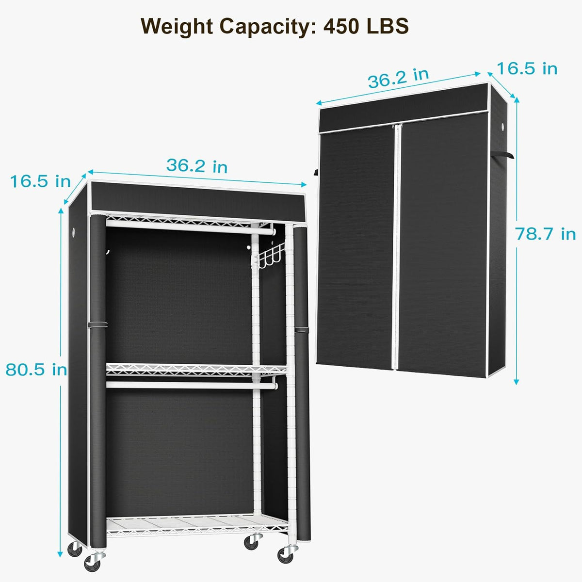 FUTASSI White Clothing Rack with Black Cover, P1C Rolling Closets with Wheels, Metal Garment Rack