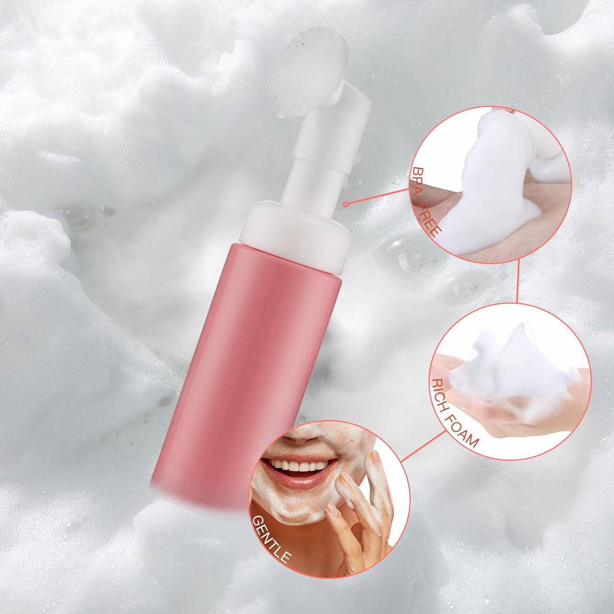 2 OZ Foam Bottle with Brush, Empty Foaming Dispensers to Travel for Soap, Shampoo (3pcs, Pink)
