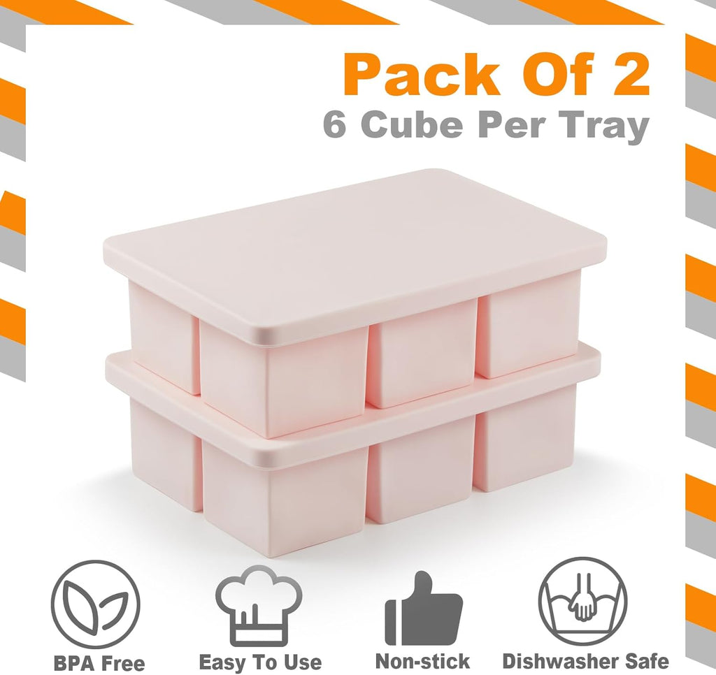 Nax Caki Pink Large Ice Cube Tray with Lid Pack of 2, Stackable Big Silicone Square Ice Cube Mold
