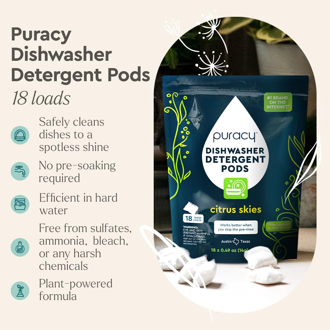 Puracy Dishwasher Pods, Natural Dishwasher Detergent, Free & Clear Dish tabs - Enzyme-Powered, Spot