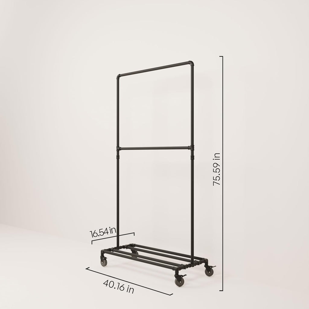 pamo Industrial Pipe Clothing Rack with Shelf - 130 lbs Capacity - Free Standing Clothes Rack and