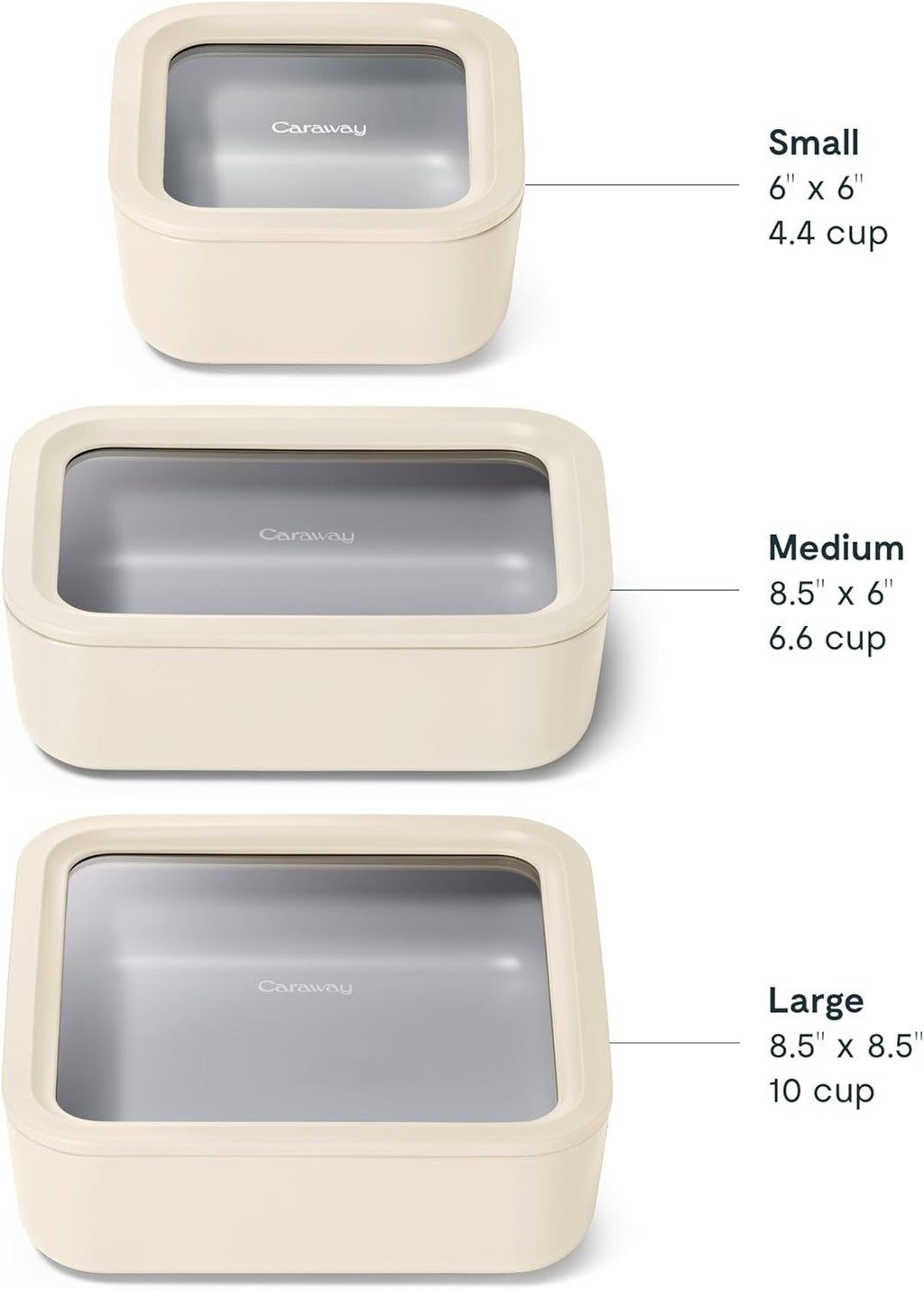 Caraway 3pc Glass Food Storage Set – 10 Cup, 6.6 Cup, & 4.4 Cup Food Containers - Ceramic Coated