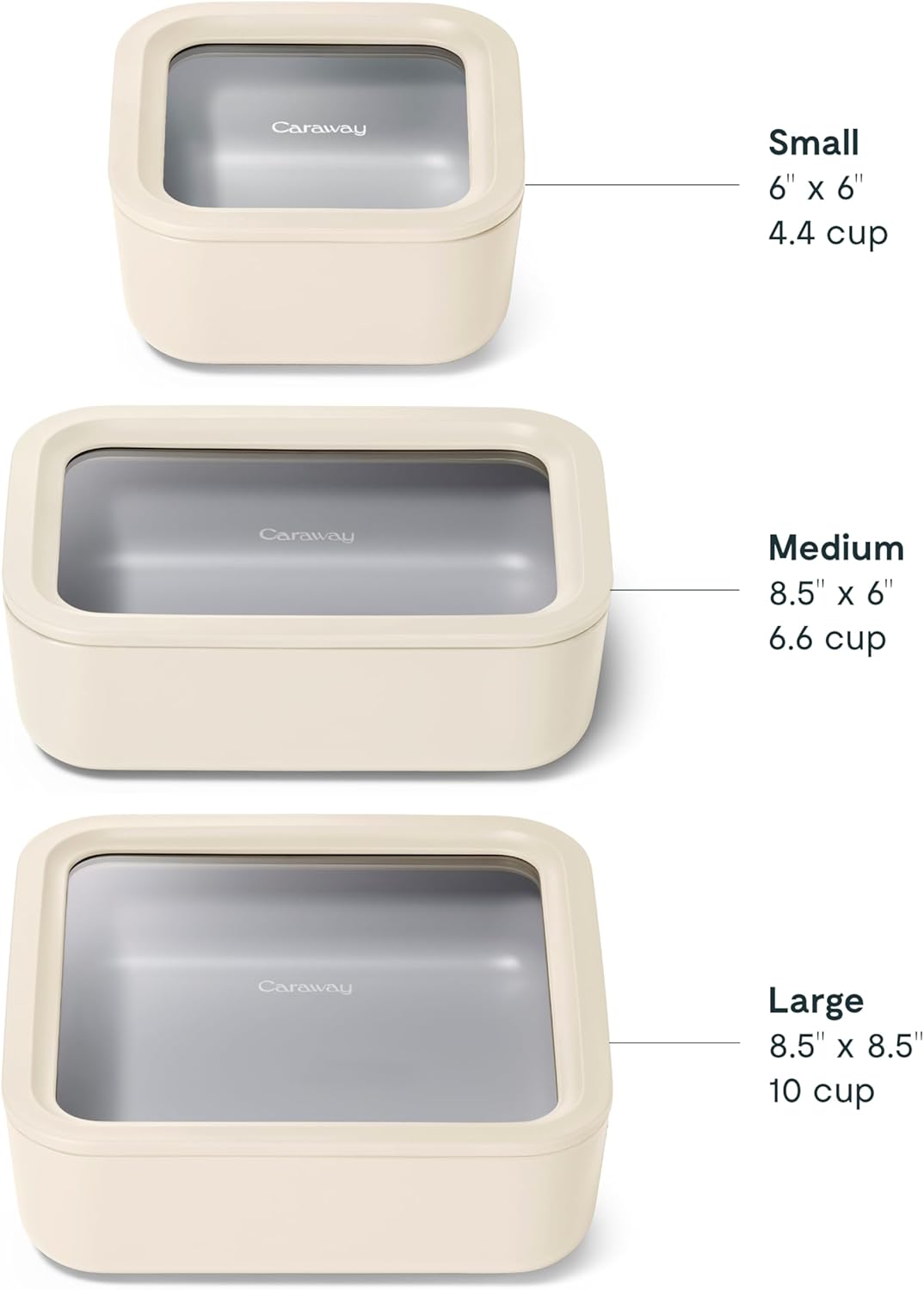 Caraway 3pc Glass Food Storage Set – 10 Cup, 6.6 Cup, & 4.4 Cup Food Containers - Ceramic Coated